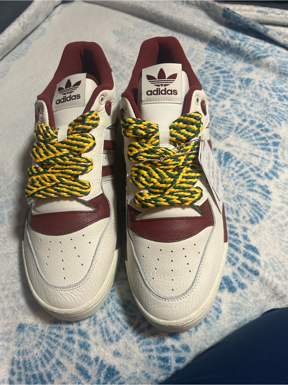 adidas White and Burgundy Leather Sneakers with Green-Yellow Rope Laces